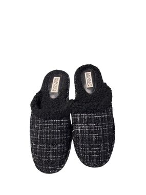 Badgley Mischka Black Tweed Slip-On Slippers with Sherpa Collar and Interior